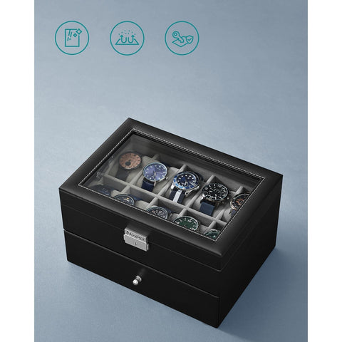 Rootz Elegant Watch Box - Jewelry Organizer - Display Case - Glass Panel - Easy-Care - 28.5cm x 20.5cm x 16cm