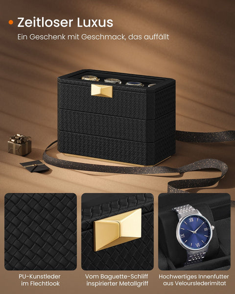 Rootz Collection Watch Box - Jewelry Case - Storage Box - 3 Level Organizer -  Black - 16.3cm x 27.3cm x 20.5cm