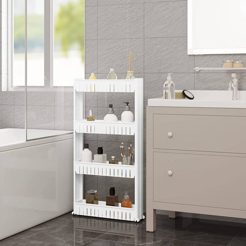 Rootz Niche Trolley - White Kitchen Cart - Slim Design - 4 Tier Shelving - High Edges - Easy Assembly - Compact - Removable Wheels