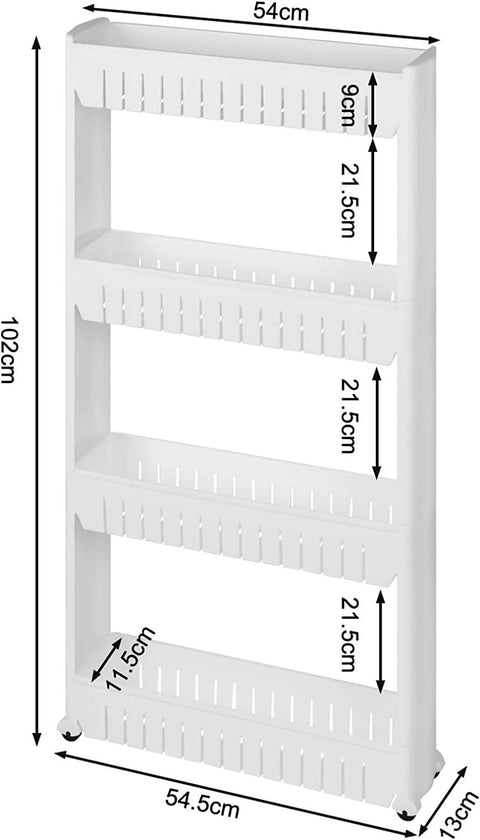 Rootz Niche Trolley - White Kitchen Cart - Slim Design - 4 Tier Shelving - High Edges - Easy Assembly - Compact - Removable Wheels