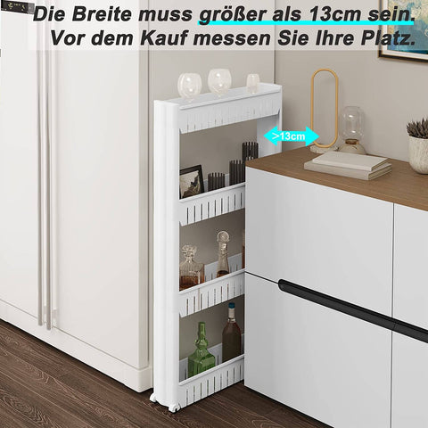 Rootz Niche Trolley - White Kitchen Cart - Slim Design - 4 Tier Shelving - High Edges - Easy Assembly - Compact - Removable Wheels