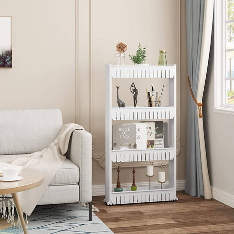 Rootz Niche Trolley - White Kitchen Cart - Slim Design - 4 Tier Shelving - High Edges - Easy Assembly - Compact - Removable Wheels
