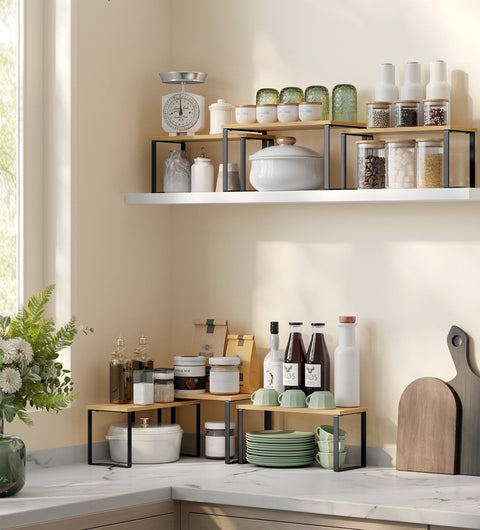 Rootz 3 Piece Set Spice Rack - Herb Organizer - Condiment Holder - Metal & Bamboo Durability - Large 19x35x18cm, Small 15x33x16cm