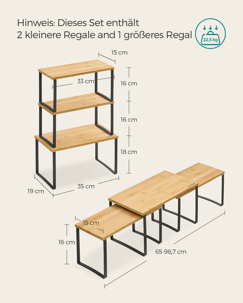Rootz 3 Piece Set Spice Rack - Herb Organizer - Condiment Holder - Metal & Bamboo Durability - Large 19x35x18cm, Small 15x33x16cm