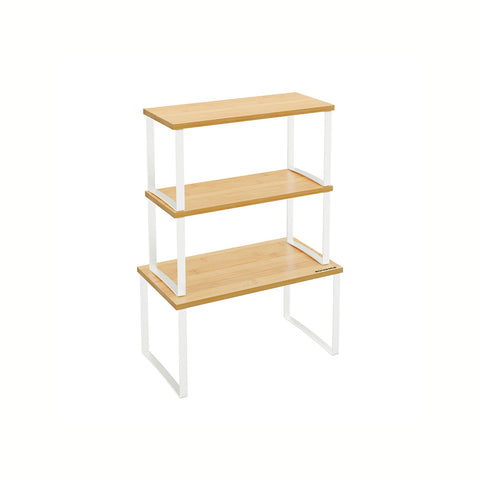 Rootz 3 Piece Metal and Bamboo Spice Rack Set - Cloud White/Natural Beige - Wall Mountable - Large Shelf 19cm x 35cm x 18cm - Small Shelf 15cm x 33cm x 16cm