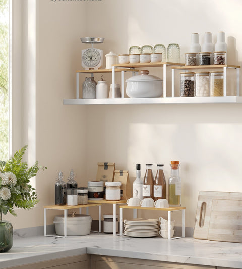 Rootz 3 Piece Metal and Bamboo Spice Rack Set - Cloud White/Natural Beige - Wall Mountable - Large Shelf 19cm x 35cm x 18cm - Small Shelf 15cm x 33cm x 16cm