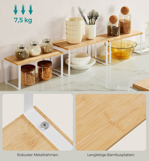 Rootz 3 Piece Metal and Bamboo Spice Rack Set - Cloud White/Natural Beige - Wall Mountable - Large Shelf 19cm x 35cm x 18cm - Small Shelf 15cm x 33cm x 16cm