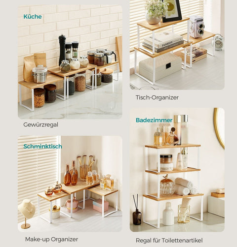 Rootz 3 Piece Metal and Bamboo Spice Rack Set - Cloud White/Natural Beige - Wall Mountable - Large Shelf 19cm x 35cm x 18cm - Small Shelf 15cm x 33cm x 16cm
