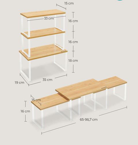 Rootz 3 Piece Metal and Bamboo Spice Rack Set - Cloud White/Natural Beige - Wall Mountable - Large Shelf 19cm x 35cm x 18cm - Small Shelf 15cm x 33cm x 16cm