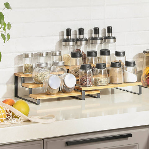 Rootz Spice Rack Set - Spice Organizer - Herb and Spice Storage - Bamboo Material - Customizable Design - Pull-Out Shelves - 32cm x 24.5cm x 11.2cm