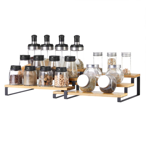 Rootz Spice Rack Set - Spice Organizer - Herb and Spice Storage - Bamboo Material - Customizable Design - Pull-Out Shelves - 32cm x 24.5cm x 11.2cm