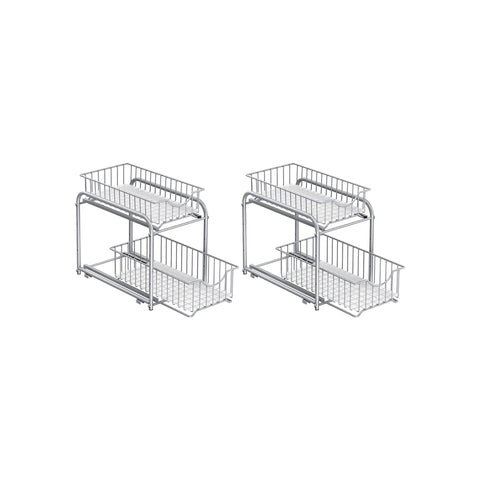 Rootz Steel Metallic Silver 2 Tier Storage Rack - Organizer Stand - Steel Frame - 3 Baskets - Lightweight - Compact Design - 21cm x 36.5cm x 33.7cm