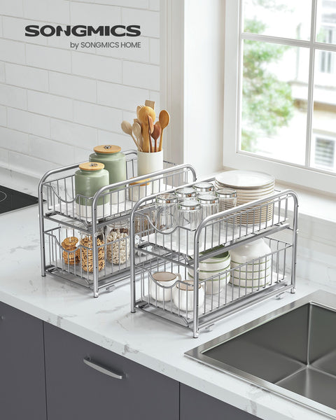 Rootz Steel Metallic Silver 2 Tier Storage Rack - Organizer Stand - Steel Frame - 3 Baskets - Lightweight - Compact Design - 21cm x 36.5cm x 33.7cm