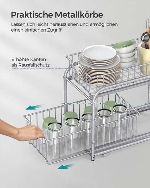 Rootz Steel Metallic Silver 2 Tier Storage Rack - Organizer Stand - Steel Frame - 3 Baskets - Lightweight - Compact Design - 21cm x 36.5cm x 33.7cm