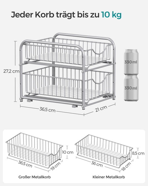 Rootz Steel Metallic Silver 2 Tier Storage Rack - Organizer Stand - Steel Frame - 3 Baskets - Lightweight - Compact Design - 21cm x 36.5cm x 33.7cm