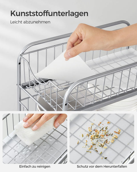 Rootz Steel Metallic Silver 2 Tier Storage Rack - Organizer Stand - Steel Frame - 3 Baskets - Lightweight - Compact Design - 21cm x 36.5cm x 33.7cm
