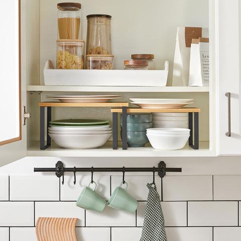 Rootz 2 Piece Set Spice Rack - Kitchen Shelf - Storage Shelves - Bamboo and Metal - Tea Station Organizer - Expand Storage Space - Neat Desk - 29.7cm x 19.5cm x 15.5cm