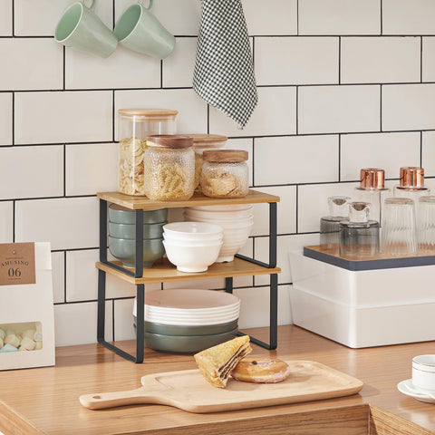 Rootz 2 Piece Set Spice Rack - Kitchen Shelf - Storage Shelves - Bamboo and Metal - Tea Station Organizer - Expand Storage Space - Neat Desk - 29.7cm x 19.5cm x 15.5cm