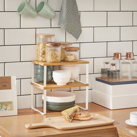 Rootz 2 Piece Set Kitchen Shelf - Spice Rack - Storage Shelves - Bamboo and Metal - Expand Storage Space - Organize Tea Station - Stackable Design - 29.7cm x 19.5cm x 15.5cm