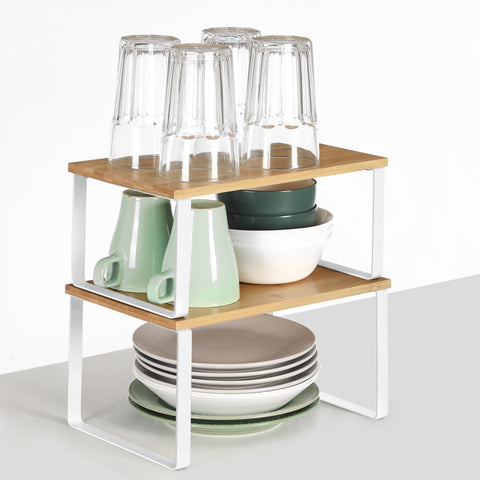 Rootz 2 Piece Set Kitchen Shelf - Spice Rack - Storage Shelves - Bamboo and Metal - Expand Storage Space - Organize Tea Station - Stackable Design - 29.7cm x 19.5cm x 15.5cm