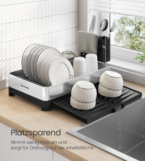 Rootz Dish Drainer with Utensil Holder - Silver-Black - Stainless Steel - PP Plastic - 40cm x (25-44cm) x 21.6cm -12kg Capacity