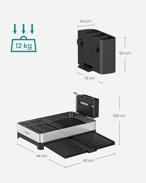 Rootz Dish Drainer with Utensil Holder - Silver-Black - Stainless Steel - PP Plastic - 40cm x (25-44cm) x 21.6cm -12kg Capacity