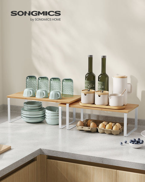Rootz 2 Piece Set Cake Rack - Cupcake Stand - Dessert Display - Metal and Wood Material - Cloud White-Natural Beige - 19.5cm x 29.7cm x 15.5cm - 18.5cm x 29.7cm x 13.6cm - Lightweight - Easy Assembly - Sturdy Construction