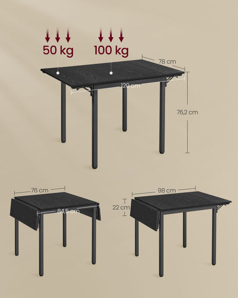 Rootz Dining Table - Esstisch - Foldable Table - Space-Saving - 78x120x76.2cm (Unfolded) - Ebony Black-Ink Black