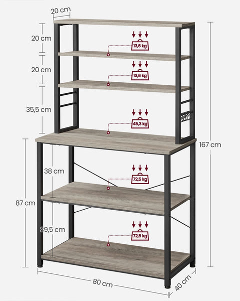 Rootz Kitchen Shelf - Storage Rack - Organizer - Space-Saving Design - 40 x 80 x 167 cm Brown-Black