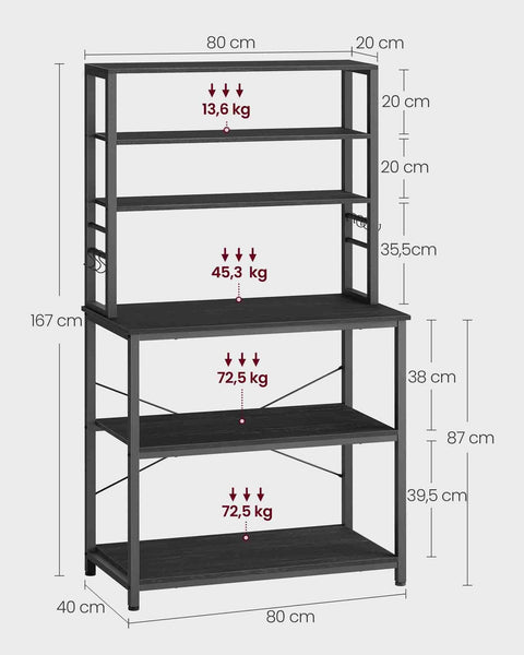 Rootz Industrial Design Kitchen Shelf - Oak White - Chipboard Steel - Storage Shelves - Hooks - 40cm x 80cm x 167cm - Assembly Required