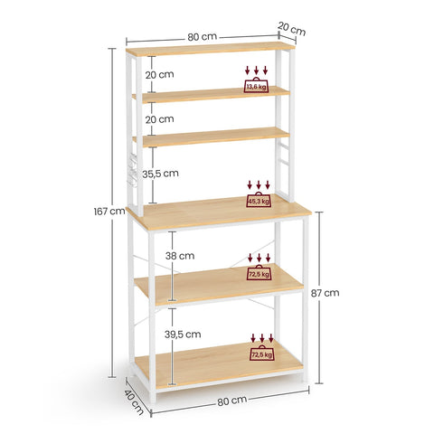 Rootz Kitchen Shelf with 6 Shelves and 6 Hooks - Pantry Rack - Storage Organizer - Chipboard & Steel - 40cm x 80cm x 167cm