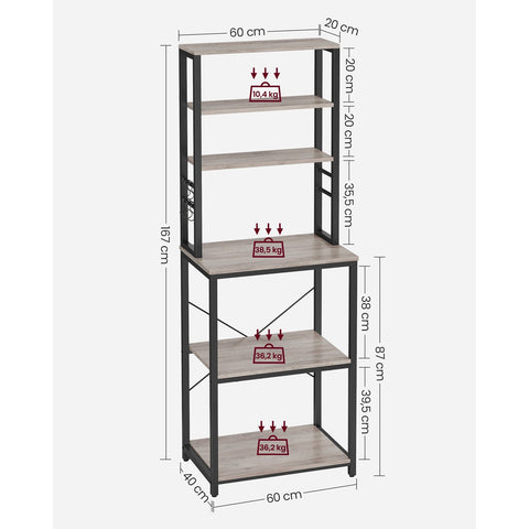 Rootz Standing Shelf Kitchen - Industrial Organizer - Grey-Black Storage - Sturdy Chipboard & Steel - 40 x 60 x 167 cm