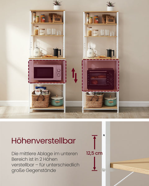 Rootz Kitchen Standing Shelf - Oak White Storage Rack - Steel Frame - Chipboard - 40cm x 60cm x 167cm - 16.1kg Weight - Adjustable Shelves
