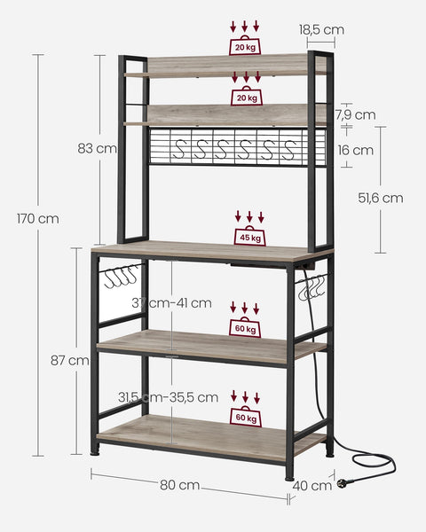 Rootz Kitchen Shelf with Sockets - Storage Rack - Organizer - Efficient Space Use - 40cm x 80cm x 170cm - Brown Black