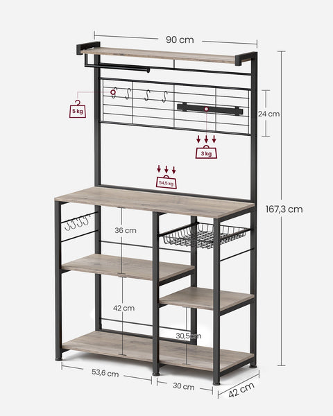 Rootz Greige Black Kitchen Storage Rack - Chipboard Steel Organizer - Pantry Shelf - Heavy Duty - 42cm x 90cm x 167.3cm
