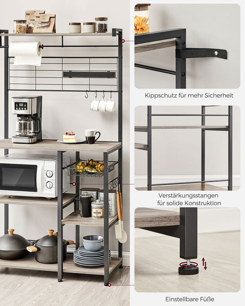 Rootz Greige Black Kitchen Storage Rack - Chipboard Steel Organizer - Pantry Shelf - Heavy Duty - 42cm x 90cm x 167.3cm