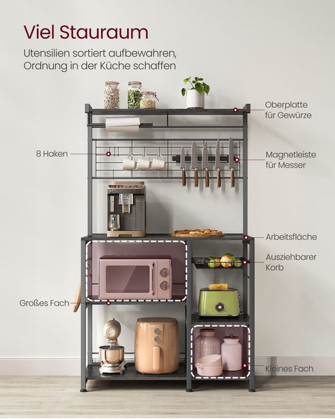 Rootz Ebony-Black Kitchen Baker's Rack - Storage Rack - Organizer - Chipboard and Steel - 42cm x 90cm x 167.3cm - Heavy Duty - Multi-functional - Space-saving