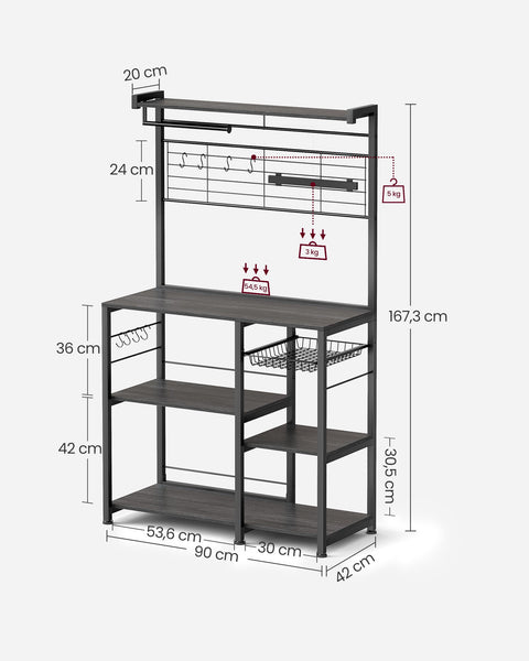 Rootz Ebony-Black Kitchen Baker's Rack - Storage Rack - Organizer - Chipboard and Steel - 42cm x 90cm x 167.3cm - Heavy Duty - Multi-functional - Space-saving
