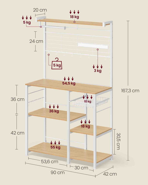 Rootz Golden Oak White Kitchen Storage Rack - Pantry Organizer - Cupboard Shelf - Chipboard and Steel Construction - 42cm x 90cm x 167.3cm - Heavy Duty - Easy Assembly - Space Saving