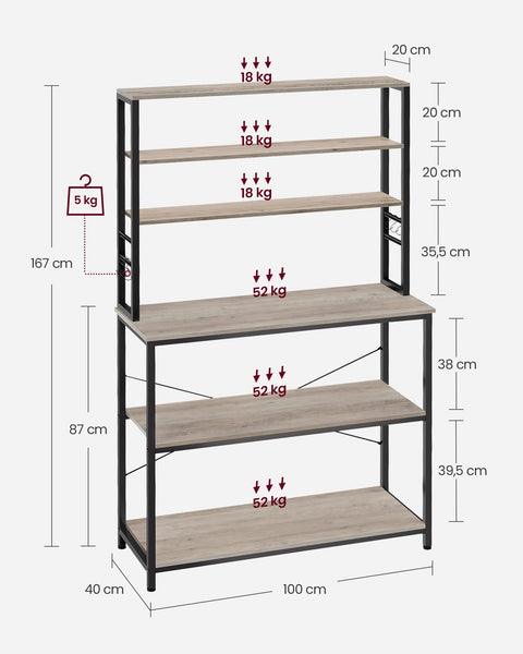 Rootz Kitchen Shelf 6 Tier Storage Rack - Pantry Organizer - Shelving Unit - Chipboard & Steel - 40cm x 100cm x 167cm - Greige Black