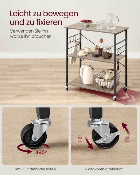 Rootz Kitchen Shelf 3-Tier Cart - Rolling Storage Rack - Greige Mottled Black - Chipboard Steel - 40cm x 80cm x 89cm