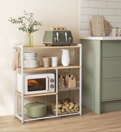 Rootz Kitchen Shelf with 2 Metal Baskets - Storage Rack - Organizer - Space-Saving - 35cm x 80cm x 95cm - Brown-White