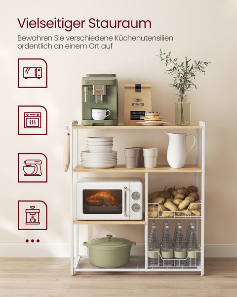 Rootz Kitchen Shelf with 2 Metal Baskets - Storage Rack - Organizer - Space-Saving - 35cm x 80cm x 95cm - Brown-White