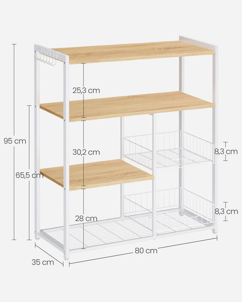 Rootz Kitchen Shelf with 2 Metal Baskets - Storage Rack - Organizer - Space-Saving - 35cm x 80cm x 95cm - Brown-White