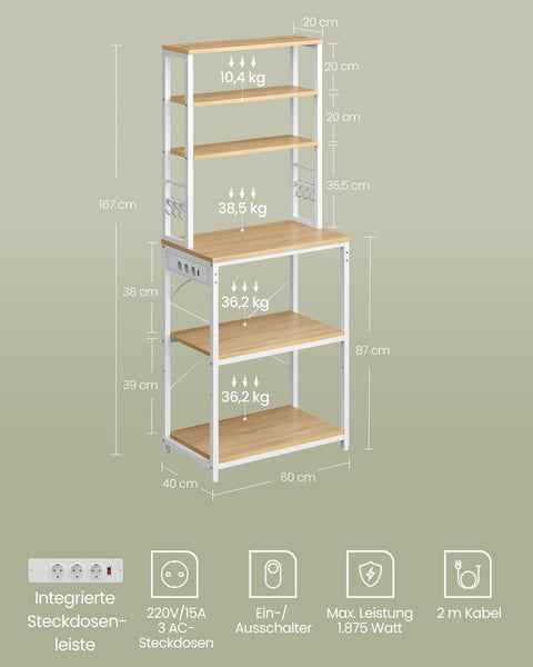 Rootz Kitchen Shelf with Sockets - Gold Oak White - Chipboard Steel - Spacious - 40cm x 60cm x 167cm - 15.7kg - Ideal for Organization