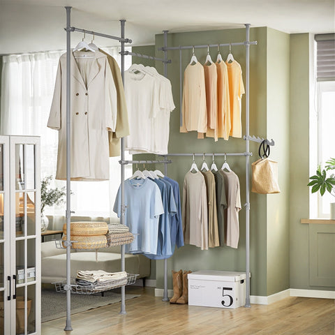 Rootz Adjustable Telescopic Clothes Rail System - Shelving Unit - Wardrobe Organizer - Space-Saving Design - Easy Assembly - Variable Size W(209-311)cm x H(200-285)cm - Light Gray