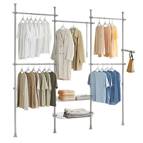 Rootz Adjustable Telescopic Clothes Rail System - Shelving Unit - Wardrobe Organizer - Space-Saving Design - Easy Assembly - Variable Size W(209-311)cm x H(200-285)cm - Light Gray