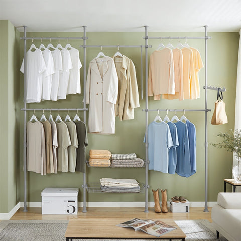 Rootz Adjustable Telescopic Clothes Rail System - Shelving Unit - Wardrobe Organizer - Space-Saving Design - Easy Assembly - Variable Size W(209-311)cm x H(200-285)cm - Light Gray