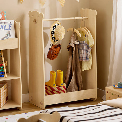 Rootz Kids Clothes Rack - Children's Garment Stand - Hanging Rail - Solid Wood Bar - Shoe Storage - 71cm x 110cm x 40cm