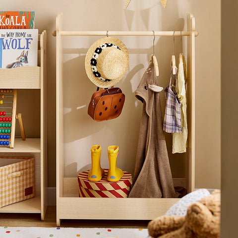 Rootz Kids Clothes Rack - Children's Garment Stand - Hanging Rail - Solid Wood Bar - Shoe Storage - 71cm x 110cm x 40cm